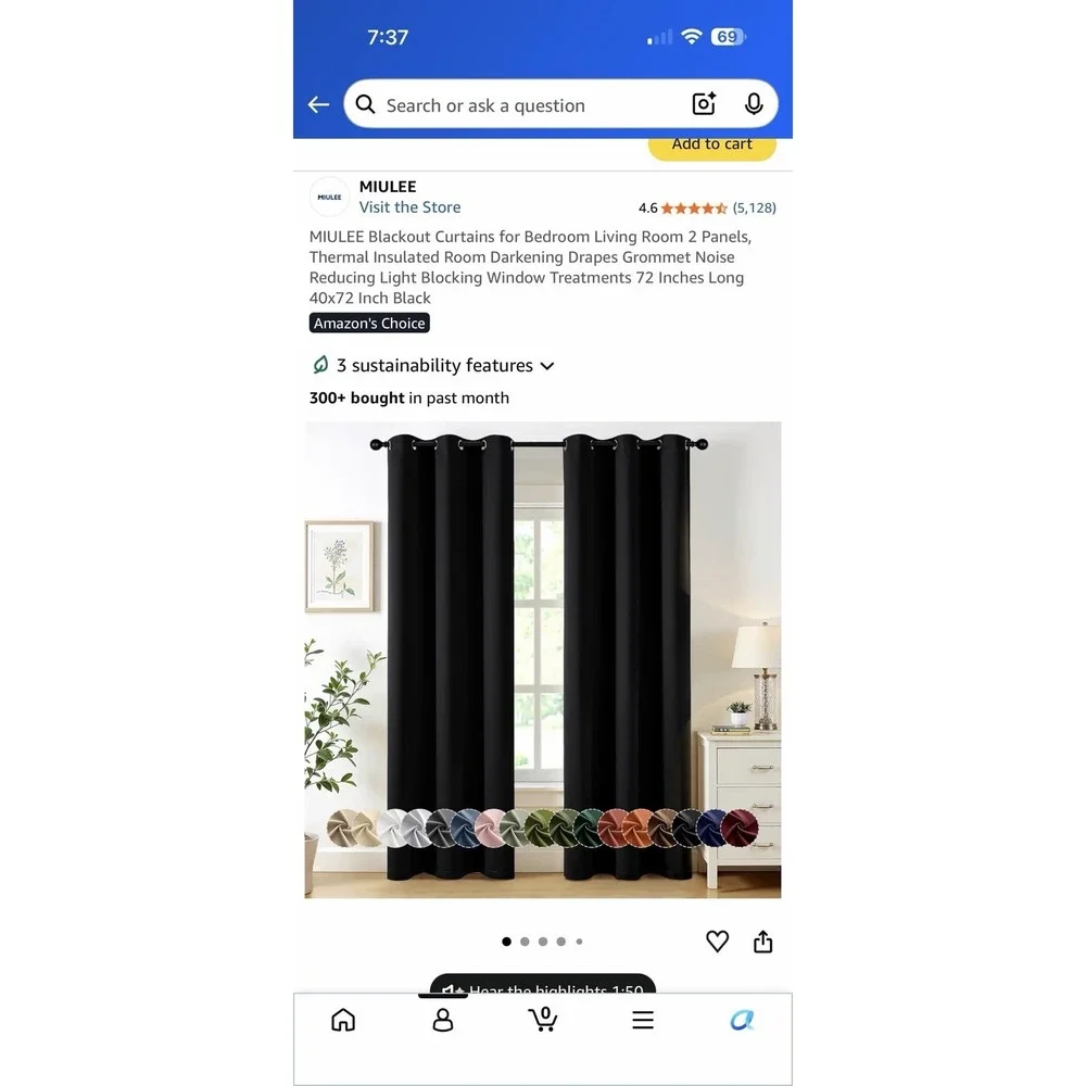Muilee Black Blackout Curtains 40x72 Grommets 4 Panels Available.